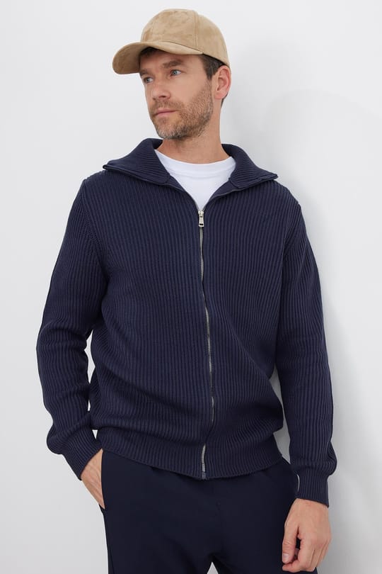 Erkek Slim Fit Dik Yaka Fermuarlı Lacivert Düz Hırka