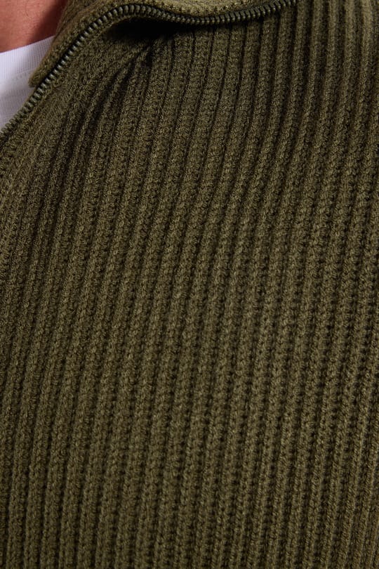 Erkek Slim Fit Dik Yaka Fermuarlı Haki Düz Hırka