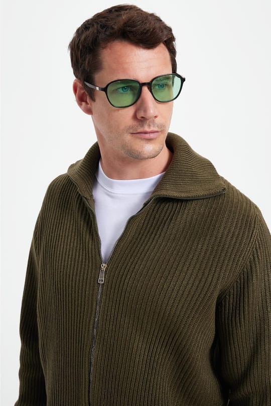 Erkek Slim Fit Dik Yaka Fermuarlı Haki Düz Hırka