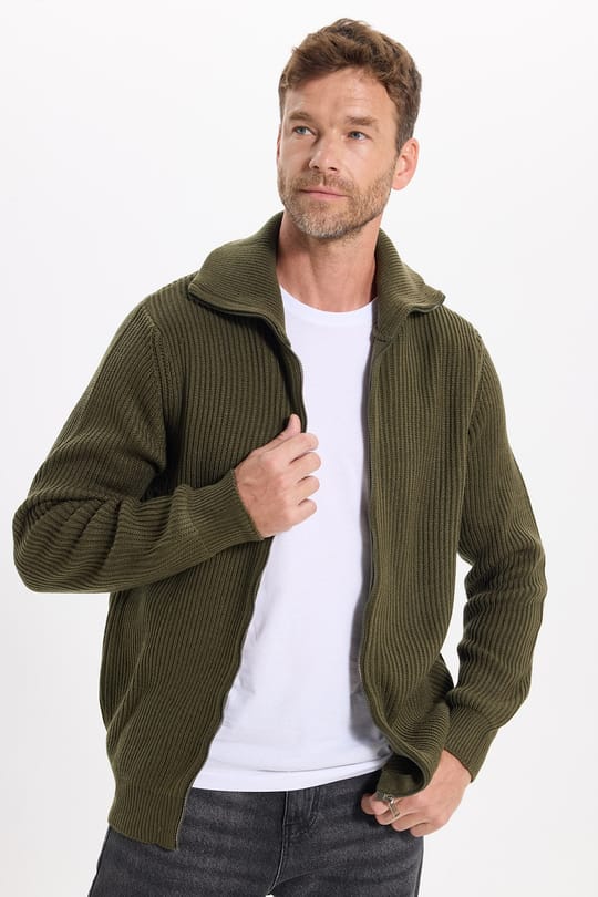 Erkek Slim Fit Dik Yaka Fermuarlı Haki Düz Hırka