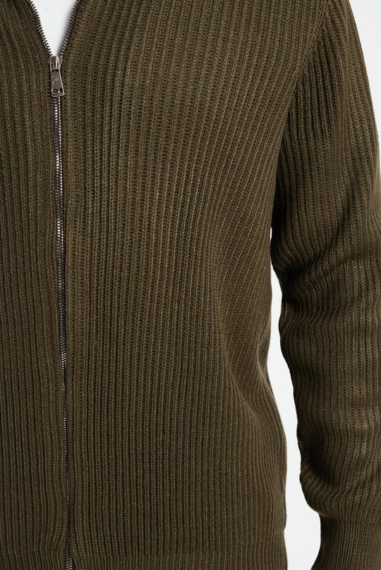Erkek Slim Fit Dik Yaka Fermuarlı Haki Düz Hırka