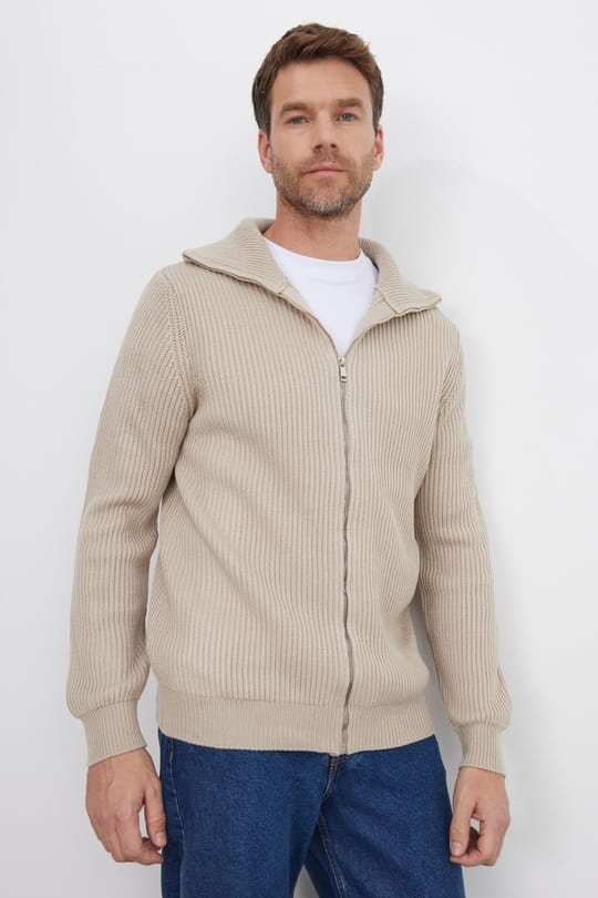 Erkek Slim Fit Dik Yaka Fermuarlı Vizon Düz Hırka