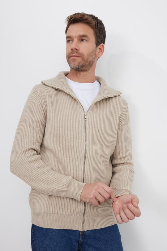 Erkek Slim Fit Dik Yaka Fermuarlı Vizon Düz Hırka
