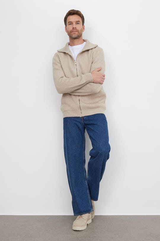 Erkek Slim Fit Dik Yaka Fermuarlı Vizon Düz Hırka