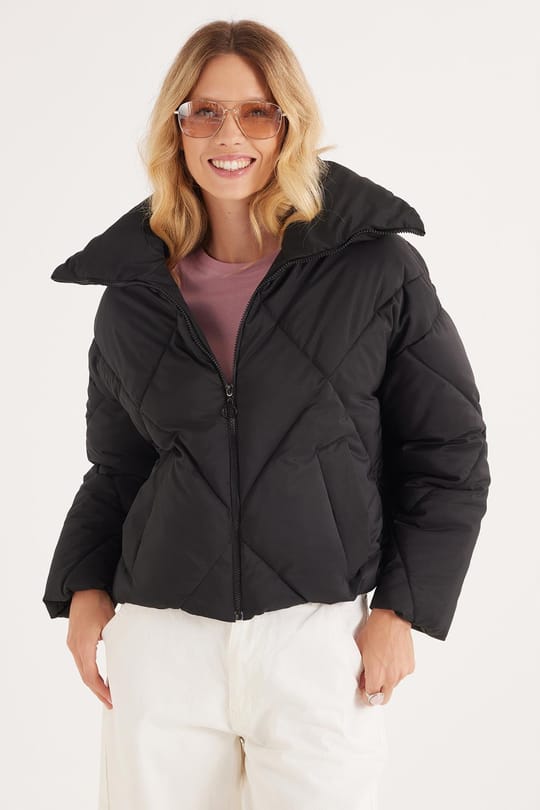 Kadın Oversize Geniş Kesim Şişme Dik Yaka Siyah Mont
