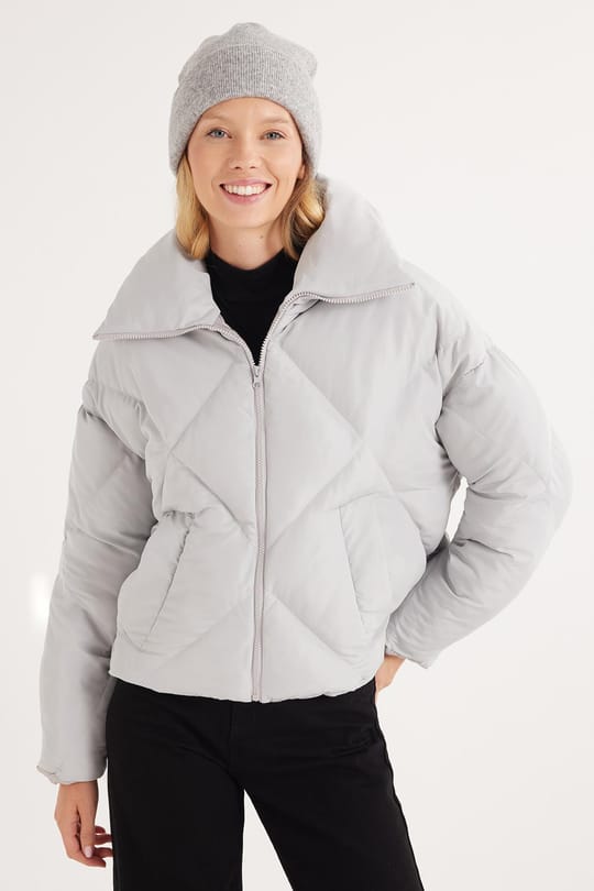 Kadın Oversize Geniş Kesim Şişme Dik Yaka Gri Mont