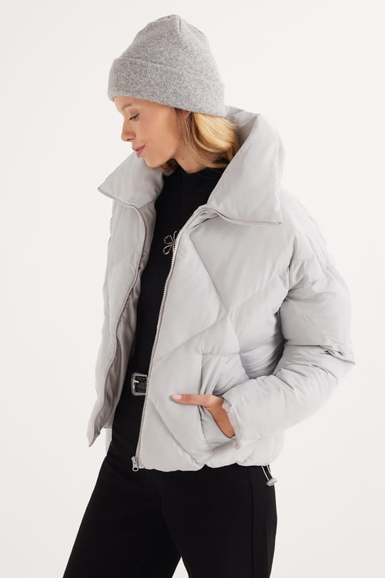 Kadın Oversize Geniş Kesim Şişme Dik Yaka Gri Mont