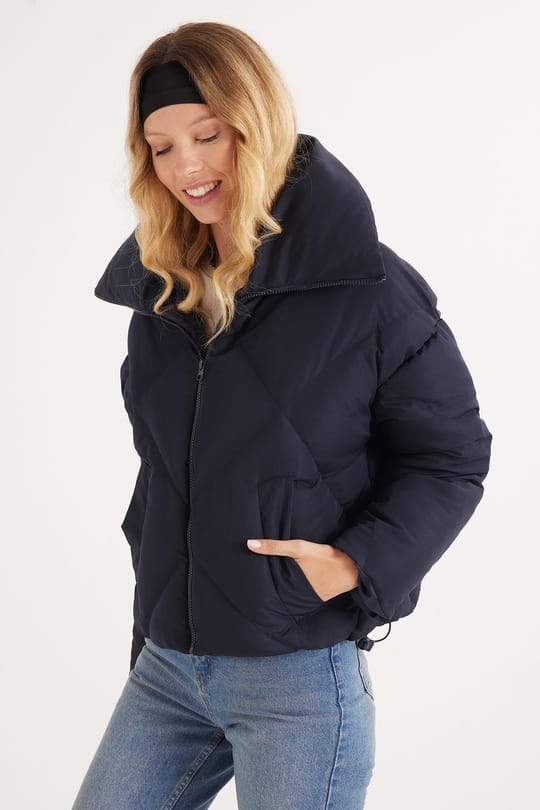 Kadın Oversize Geniş Kesim Şişme Dik Yaka Lacivert Mont