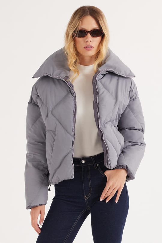 Kadın Oversize Geniş Kesim Şişme Dik Yaka Antrasit Mont