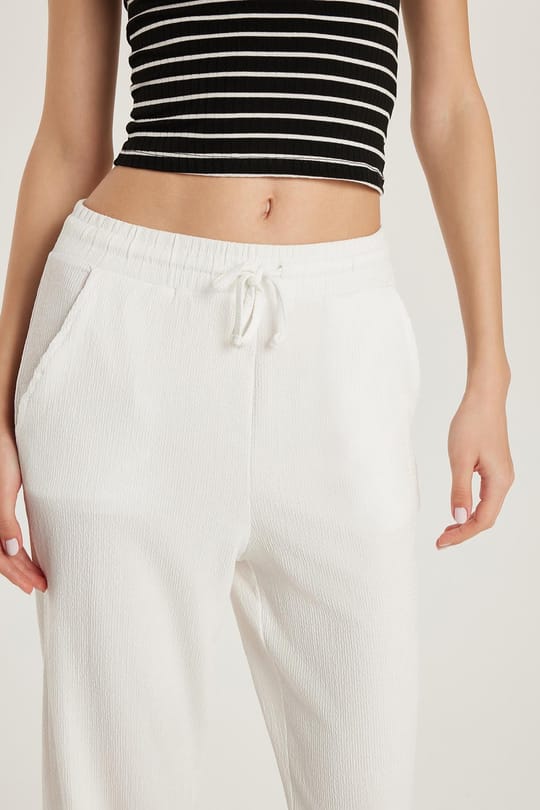 Kadın Regular Fit Beli Lastikli Bağlamalı Yüksek Bel Geniş Paça Ekru Pantolon