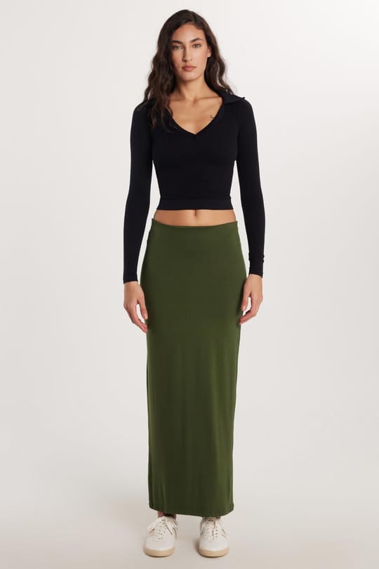 Kadın Standart Fit Modal Kumaş Yeşil Maxi Boy Etek