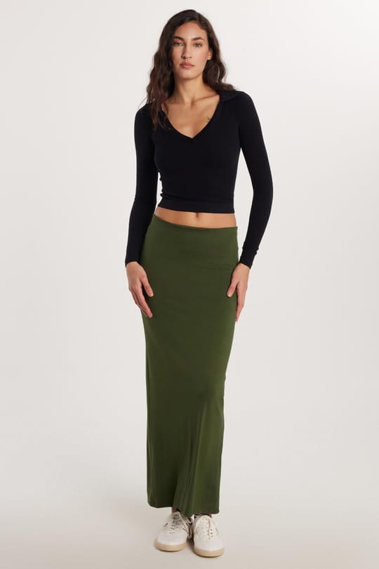 Kadın Standart Fit Modal Kumaş Yeşil Maxi Boy Etek