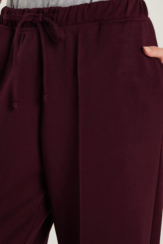 Kadın Modal Kumaş Relax Fit Beli Lastikli Bağlamalı Bordo Pantolon