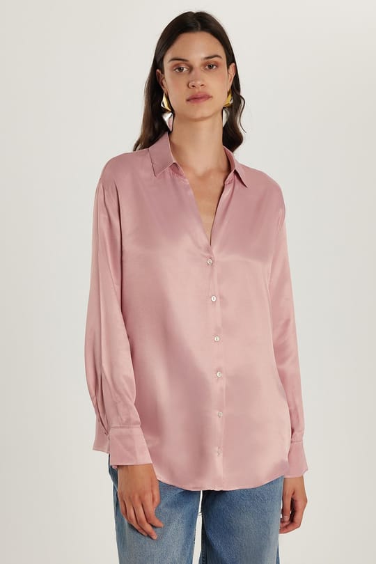Kadın Slim Fit Dar Kesim Uzun Kollu Saten Gül Kurusu Gömlek