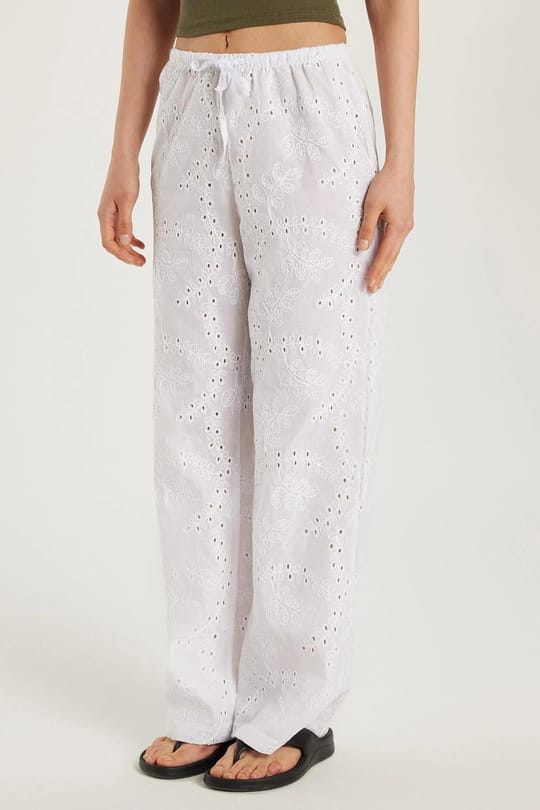 Kadın Regular Fit %100 Pamuk Beli Lastikli Bağlamalı Geniş Paça Ekru Pantolon