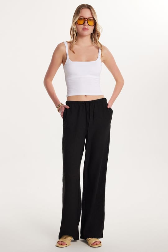 Kadın Relax Fit Beli Lastikli Bağlamalı Palazzo Geniş Paça Siyah Pantolon