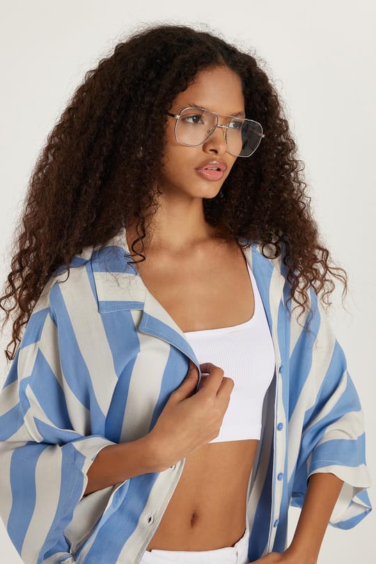 Kadın Viskon V Yaka Uzun Kollu Çizgili Gömlek