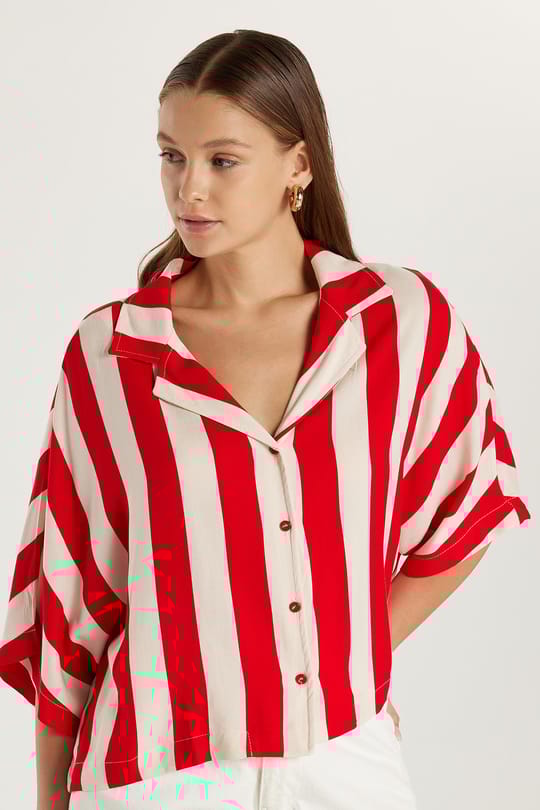 Kadın Viskon V Yaka Uzun Kollu Çizgili Gömlek
