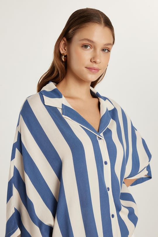 Kadın Viskon V Yaka Uzun Kollu Çizgili Gömlek