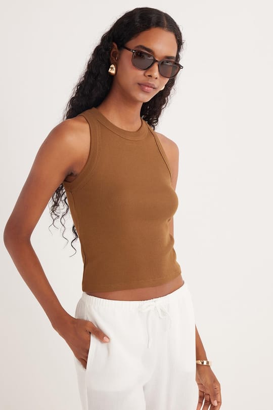 Kadın Slim Fit Halter Yaka Modal Kumaş Kahverengi Body Atlet