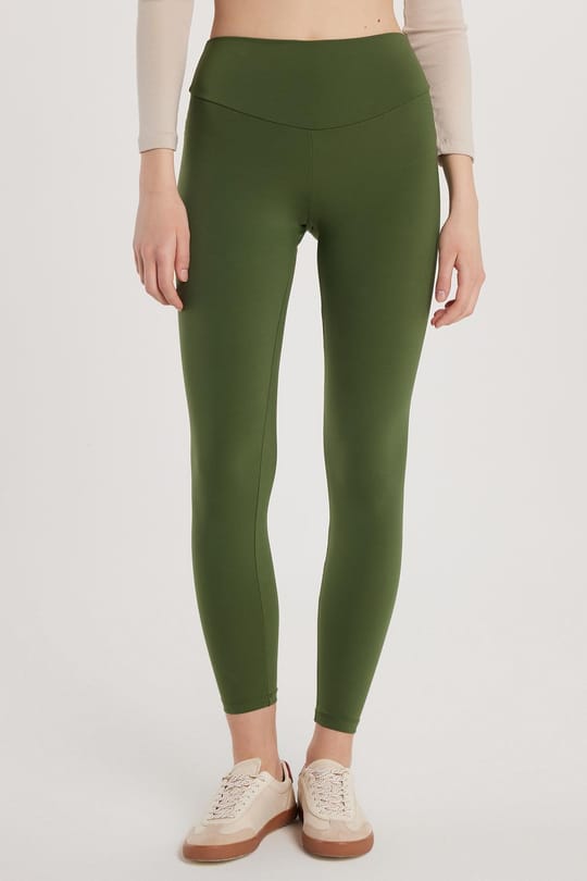 Kadın Süper Slim Beli Lastikli İnterlok Standart Boy Normal Bel Haki Tayt