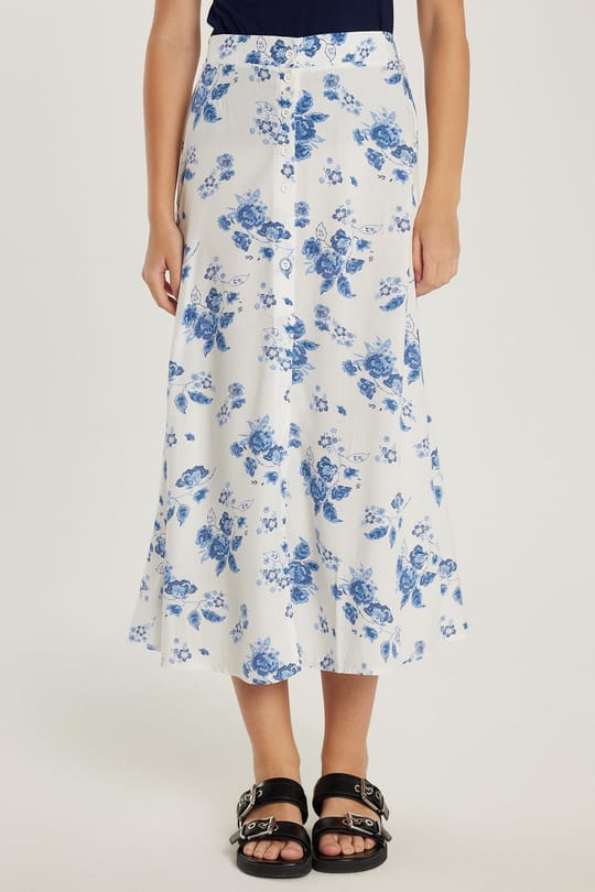 Kadın Standart Fit Düğmeli Viskon Lastikli Baskılı Midi Boy Etek