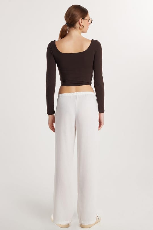 Kadın Regular Fit Beli Bağlamalı Keten Palazzo Geniş Paça Ekru Pantolon
