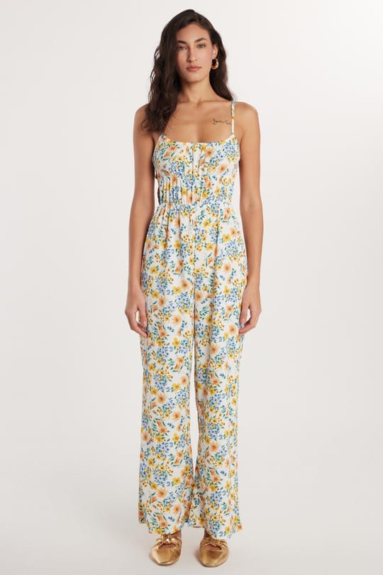 Kadın Standart Fit Askılı Yaka Sıfır Kol Geniş Paça Desenli Tulum