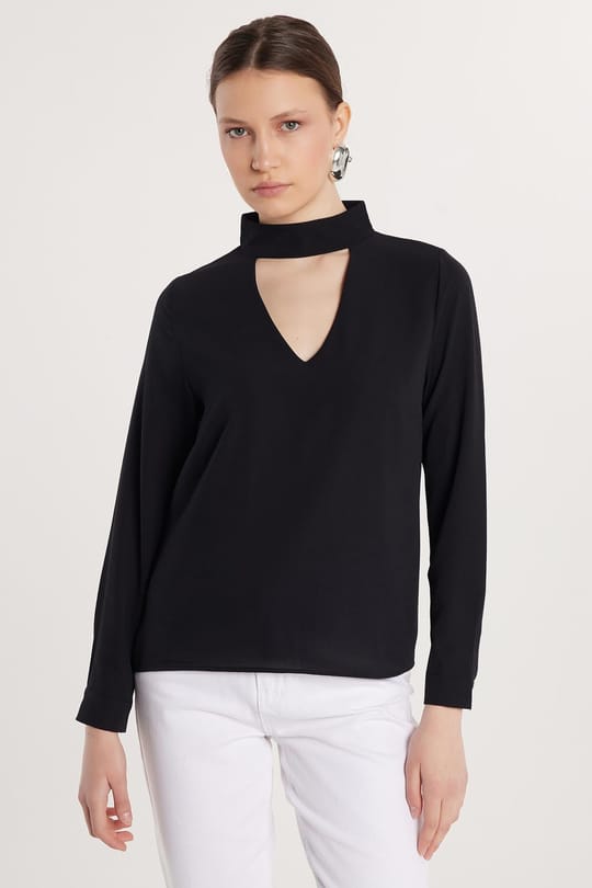 Kadın Standart Fit Choker Yaka Siyah Bluz Gömlek