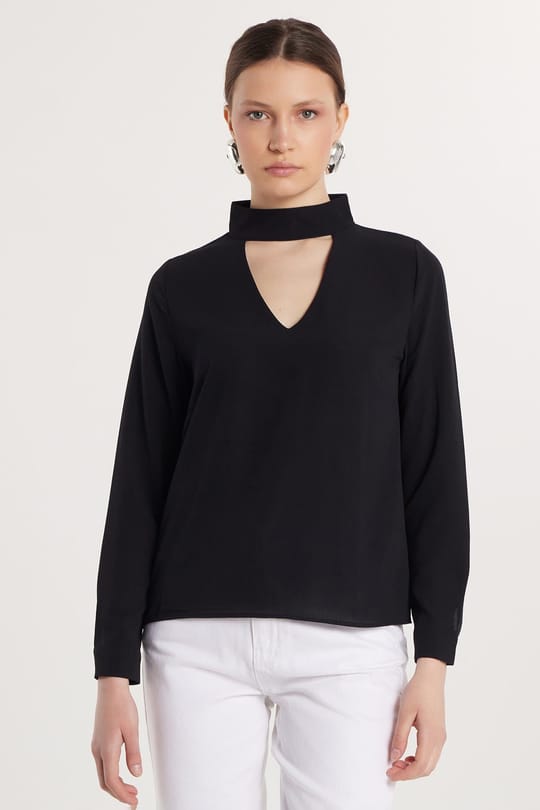 Kadın Standart Fit Choker Yaka Siyah Bluz Gömlek
