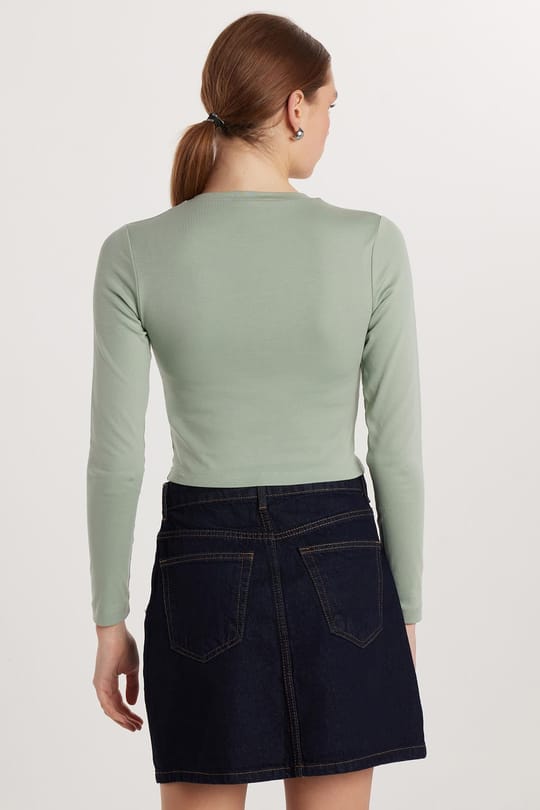 Kadın Slim Fit Pamuklu Uzun Kol Düz Yeşil Bisiklet Yaka Bluz