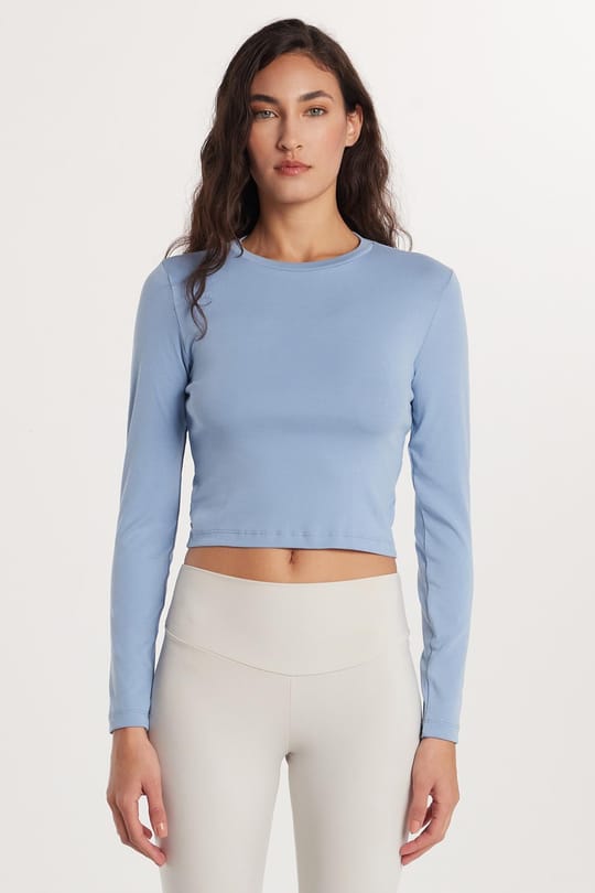 Kadın Slim Fit Dar Kesim Bisiklet Yaka Mavi Bluz
