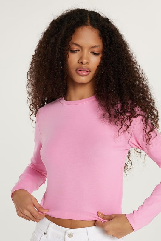 Kadın Slim Fit Dar Kesim Bisiklet Yaka Pembe Bluz