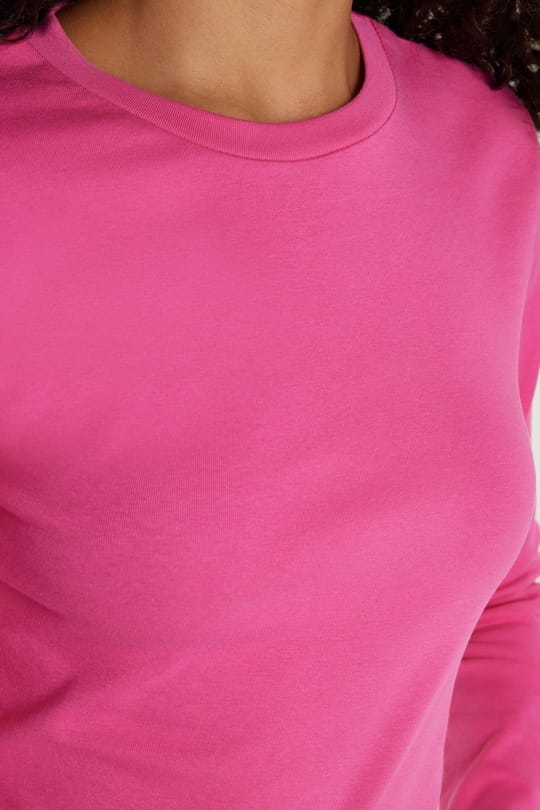Kadın Slim Fit Pamuklu Uzun Kol Düz Bisiklet Yaka Fuşya Bluz