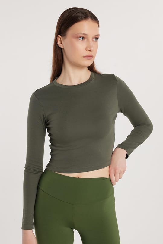 Kadın Slim Fit Pamuklu Uzun Kol Düz Bisiklet Yaka Haki Bluz