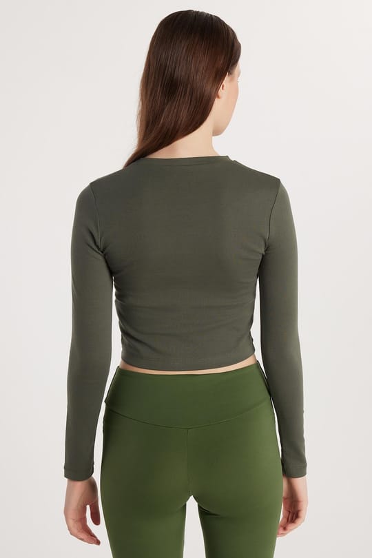 Kadın Slim Fit Pamuklu Uzun Kol Düz Bisiklet Yaka Haki Bluz