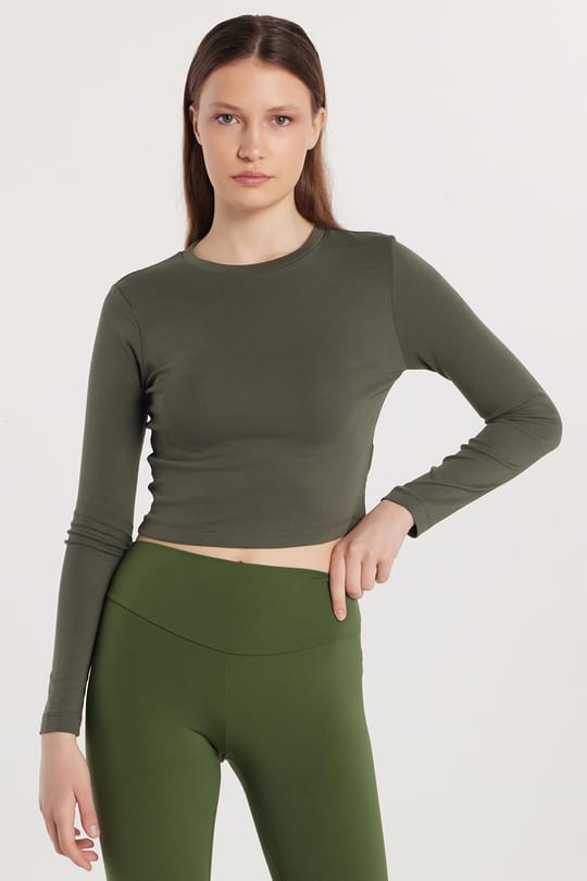 Kadın Slim Fit Pamuklu Uzun Kol Düz Bisiklet Yaka Haki Bluz