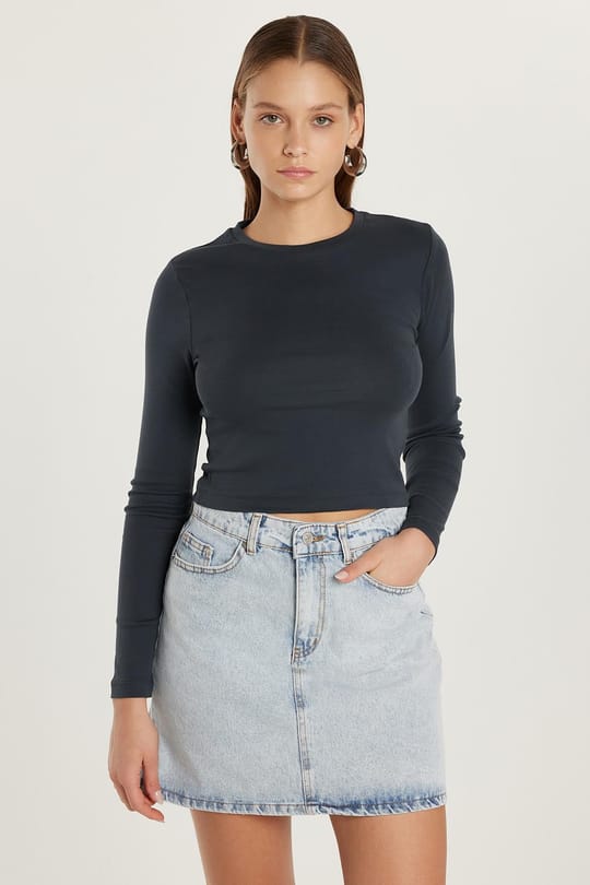 Kadın Slim Fit Dar Kesim Bisiklet Yaka Antrasit Bluz