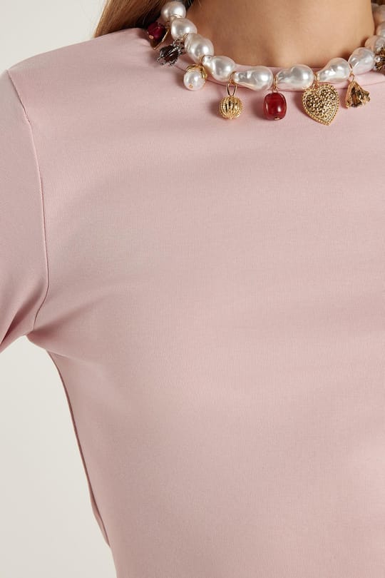 Kadın Slim Fit Pamuklu Uzun Kol Düz Pudra Rengi Bisiklet Yaka Bluz