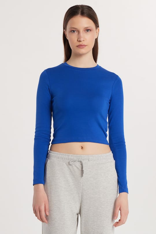 Kadın Slim Fit Pamuklu Uzun Kol Düz Bisiklet Yaka Mavi Bluz