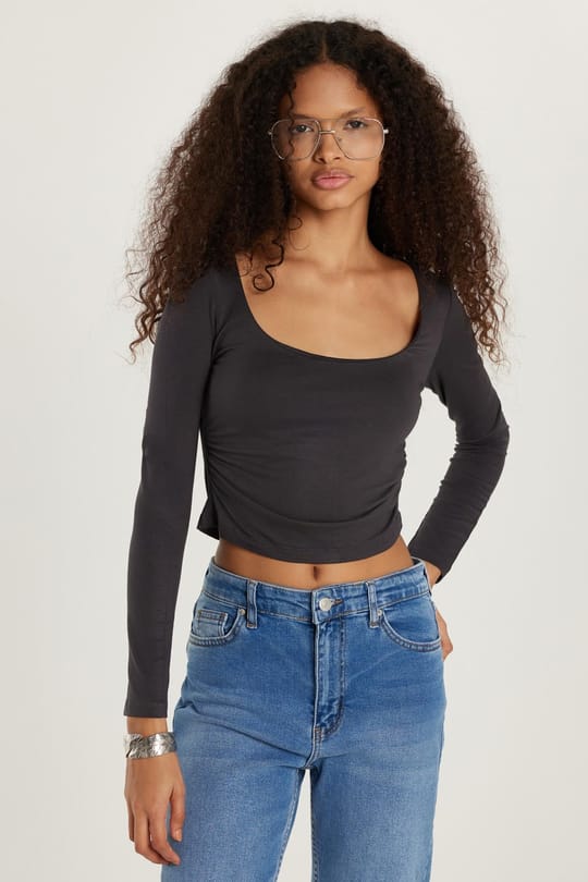 Kadın Slim Fit Dar Kesim Uzun Kollu U Yaka Antrasit Bluz