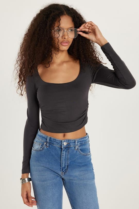 Kadın Slim Fit Dar Kesim Uzun Kollu U Yaka Antrasit Bluz