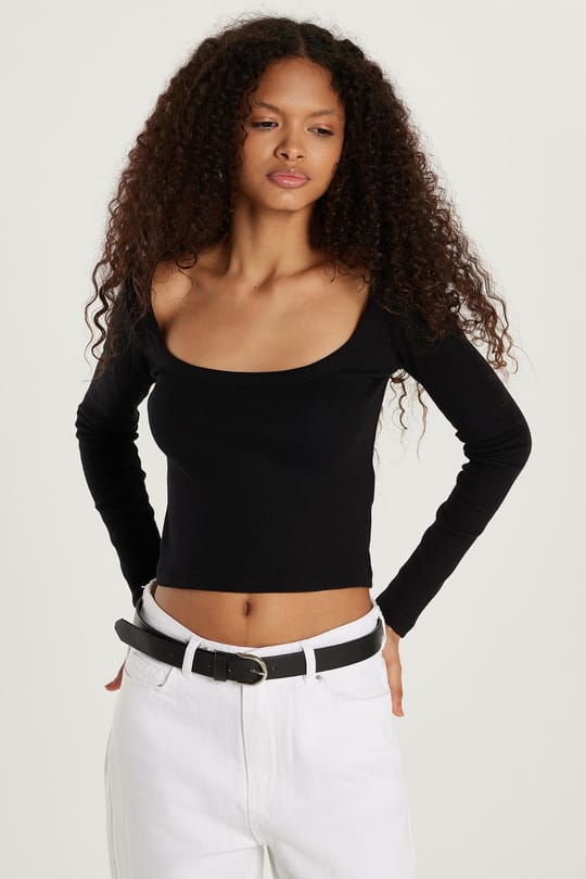 Kadın Modal Kumaş Slim Fit Dar Kesim Kare Yaka Siyah Bluz