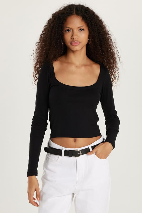 Kadın Modal Kumaş Slim Fit Dar Kesim Kare Yaka Siyah Bluz