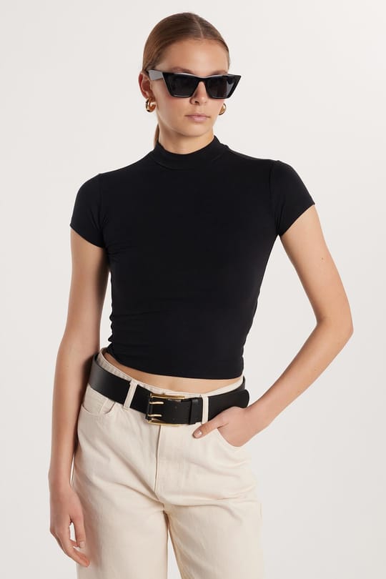 Kadın Modal Kumaş Slim Fit Dar Kesim Dik Yaka Siyah Bluz