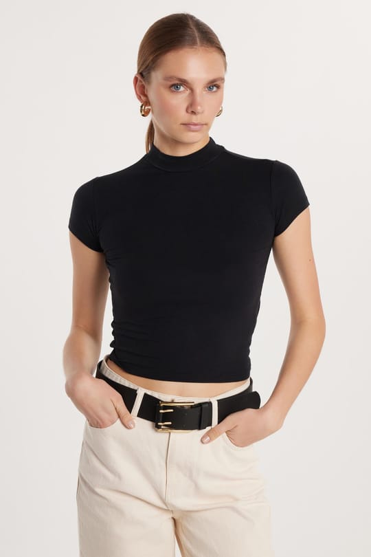 Kadın Modal Kumaş Slim Fit Dar Kesim Dik Yaka Siyah Bluz