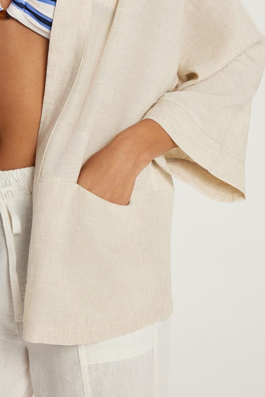 Kadın Relax Fit Rahat Kesim Şal Yaka İspanyol Kol Bej Kimono
