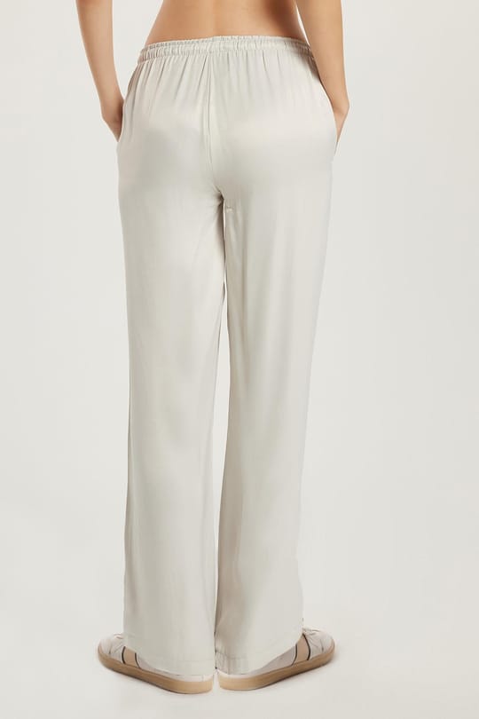 Kadın Regular Fit Beli Lastikli Bağlamalı Saten Palazzo Geniş Paça Gri Pantolon