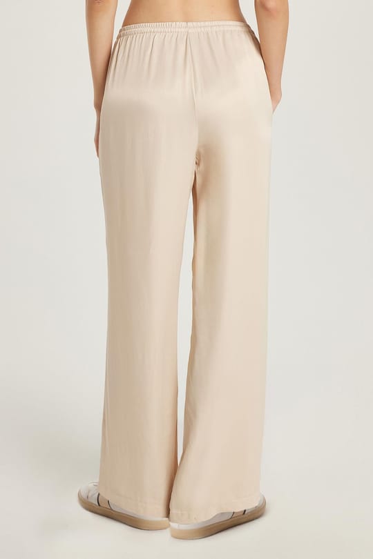 Kadın Regular Fit Beli Lastikli Bağlamalı Saten Palazzo Geniş Paça Taş Rengi Pantolon