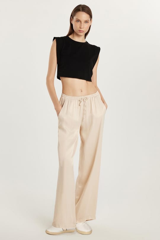 Kadın Regular Fit Beli Lastikli Bağlamalı Saten Palazzo Geniş Paça Taş Rengi Pantolon